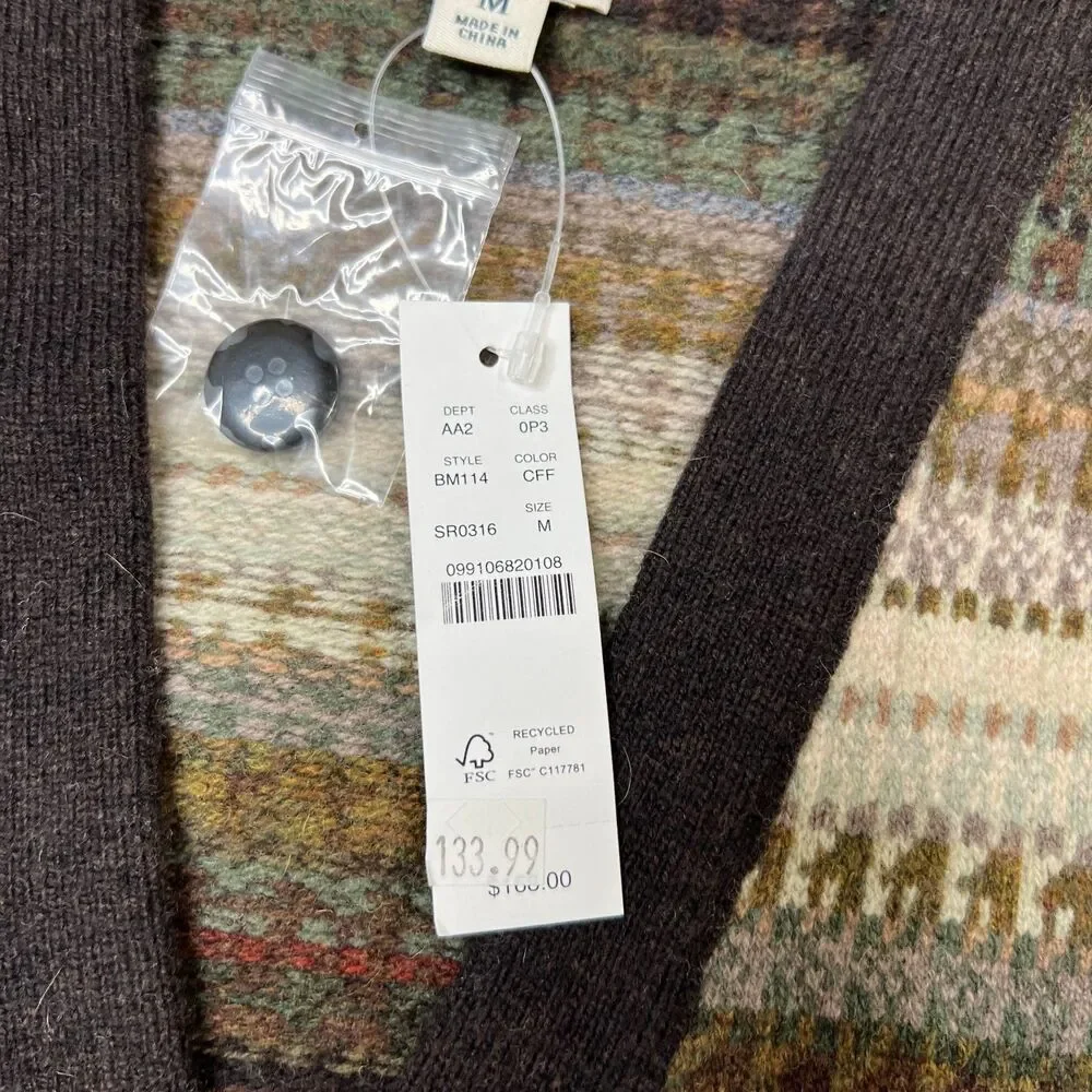 J.Crew Cardigan Sweater Men Medium Brown Ivory Fair Isle Wool Blend Button Front